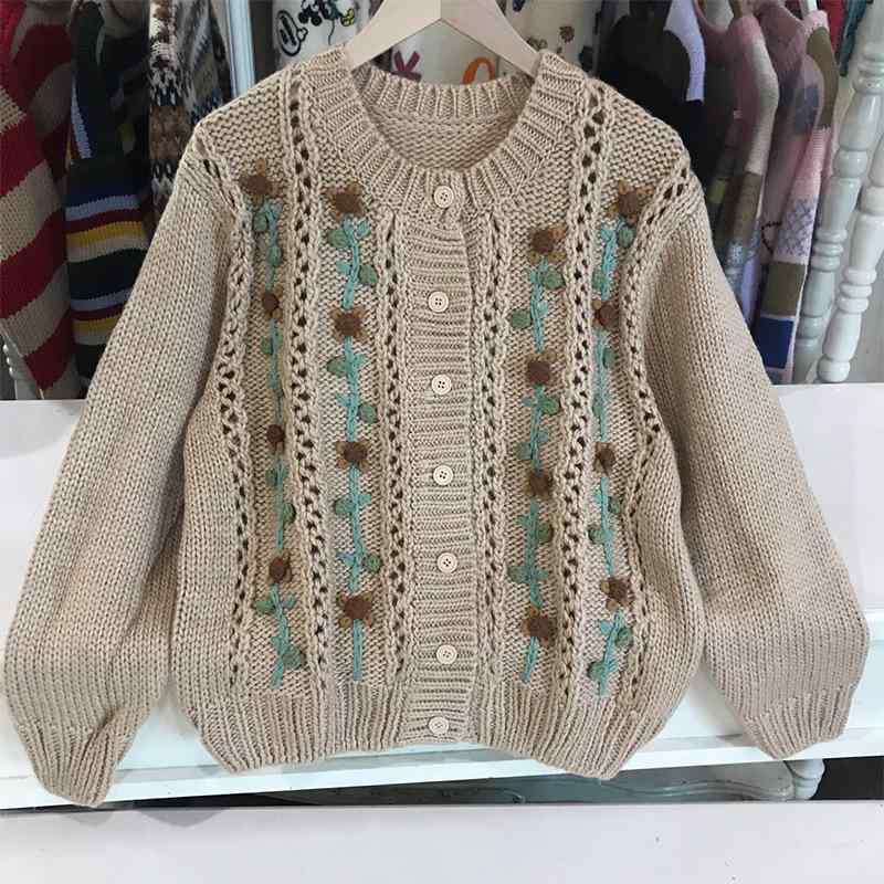ニット レディース カーディガン 丸首 羊毛 セーター 厚手 花柄 刺繍 トップス レトロ 古着風 アイボリー ベージュ XS S M L2