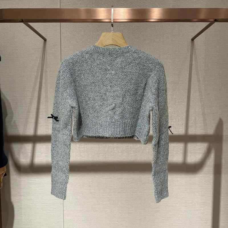ニット カーディガン レディース ラウンドネック 長袖 蝶結び グレー 灰色 ショート丈 ウール ナイロン 混紡 名媛風