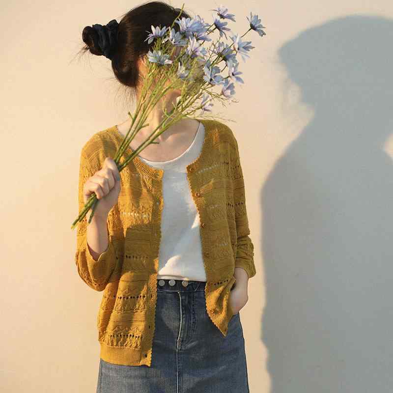 カーディガン レディース 桑蚕糸 シルク ニット 花びら襟 長袖 ショート丈 薄手 ゆったり 文芸風 黄色 イエロー