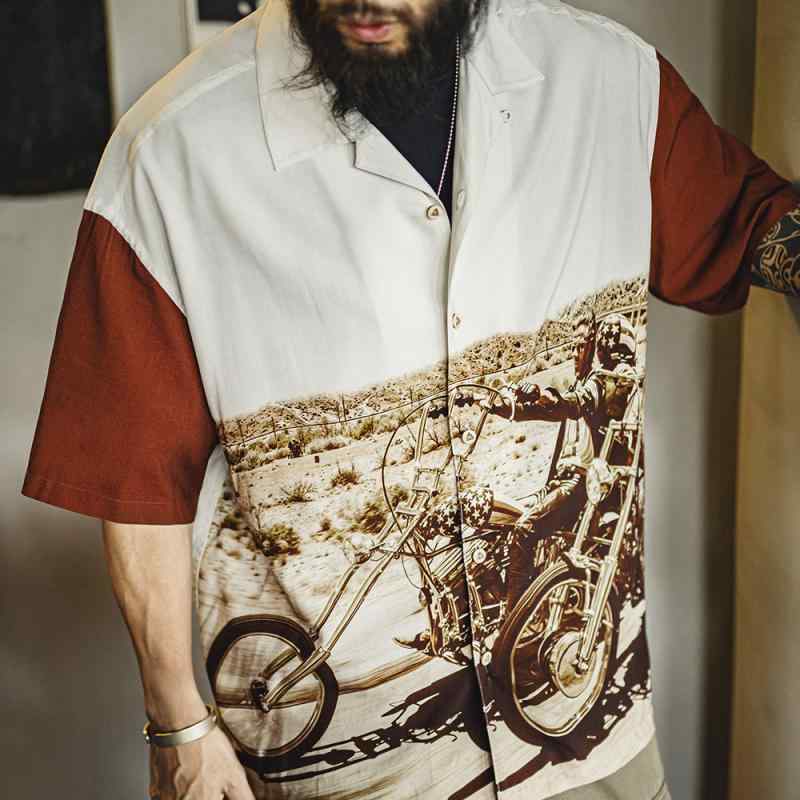 シャツ 男性用 レトロ キューバシャツ 半袖 トップス アメカジ 配色 プリント 薄手 粘着繊維 接触冷感 通気性 普段使い リラックス ウェア ライトカーキ