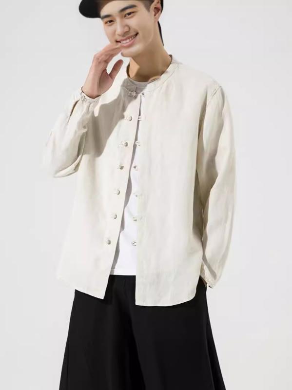 シャツ 男性用 中国風 亜麻 リネン 立襟 トップス 唐装 長袖 カットソー 無地 春秋2｜clearstore