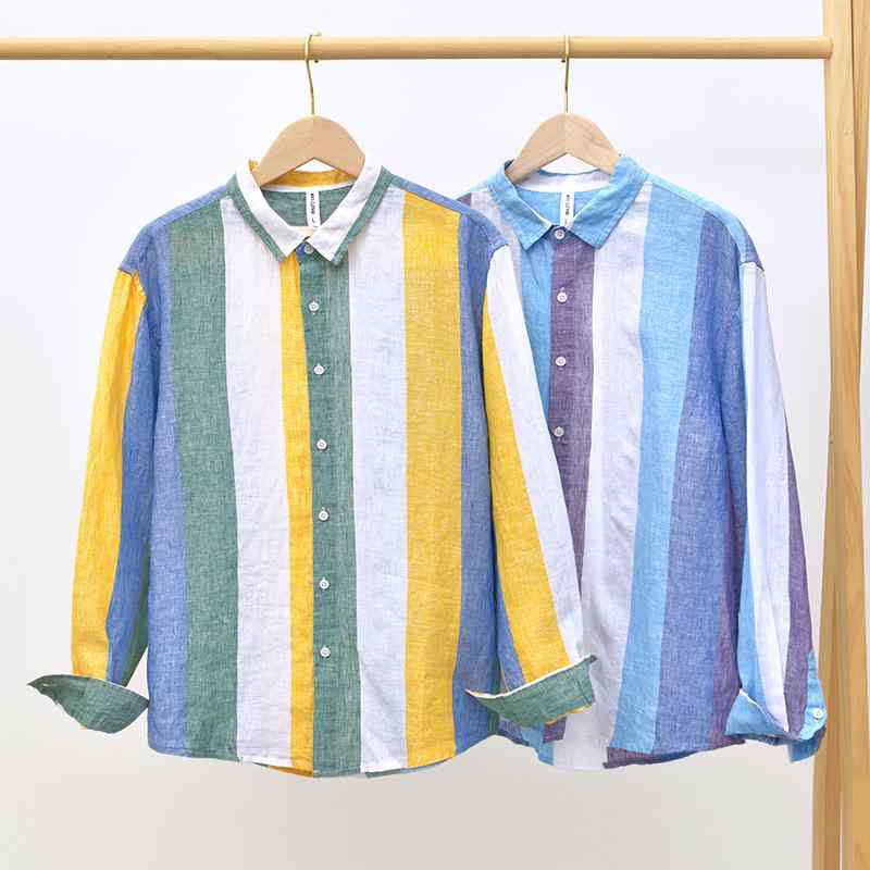 シャツ メンズ 長袖 ストライプ リネン 麻 トップス 普段使い ルームウェア 部屋着 イエロー ブルー M L XL 2XL 3XL