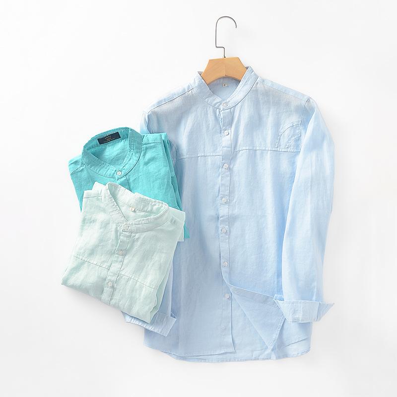 シャツ 男性用 リネンシャツ 長袖 立ち襟 無地 カジュアル 4色展開 麻 通気性 リラックス S M L XL XXL 春秋2｜clearstore