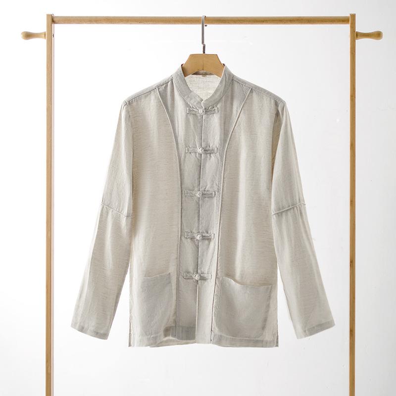 シャツ メンズ 男性用 リネンシャツ スタンドカラー 長袖シャツ チャイナボタン 薄手 春秋 トップス リネン 麻 普段使い 部屋着2