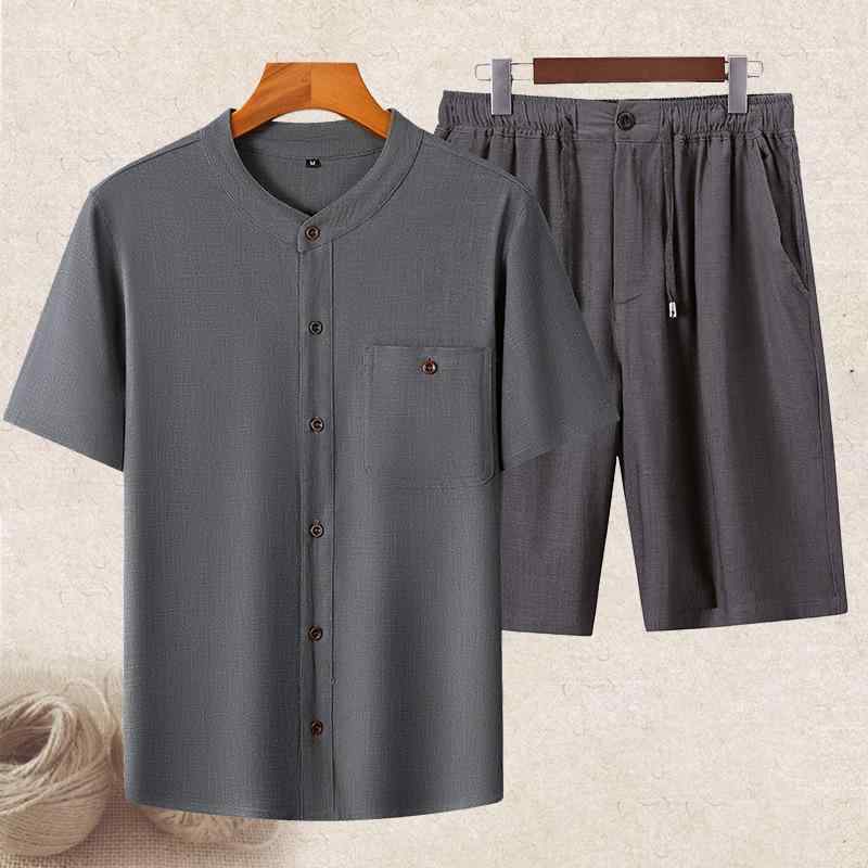 Tシャツ メンズ 男性用 リネン 麻混紡 半袖シャツ セットアップ 上下セット 中国風 和風 高齢者 普段使い 部屋着 春夏2