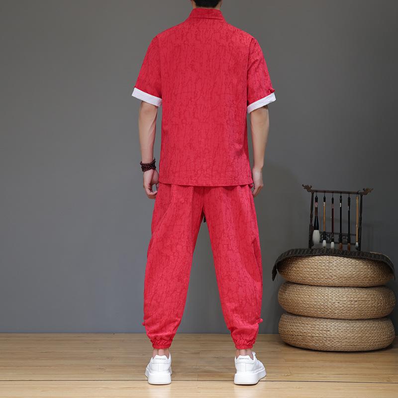 セットアップ メンズ 男性用 中国風 漢服風 上下セット 立ち襟 半袖 シャツ 麻 リネン 9分丈 パンツ 薄手 部屋着 ルームウェア カジュアル ブラック レッド グレー ブルー M L XL 2XL 3XL 4XL 5XL
