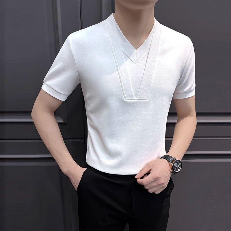 Tシャツ 男性用 Vネック 半袖 トップス 接触冷感 薄手 ストライプ柄 部屋着 普段使い 白色 黒色