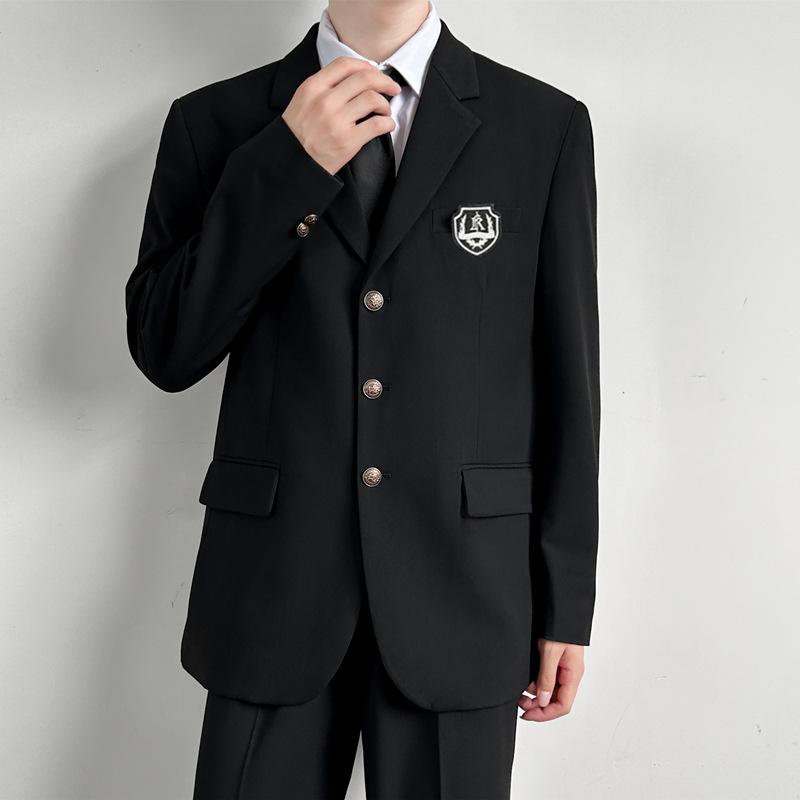 制服 ジャケット メンズ 男性用 セットアップ コーデュロイ 学院風 スーツ 上下セット ブレザー パンツ 長袖シャツ 3点セット 黒 ブラック 無地 ゆったり おしゃれ