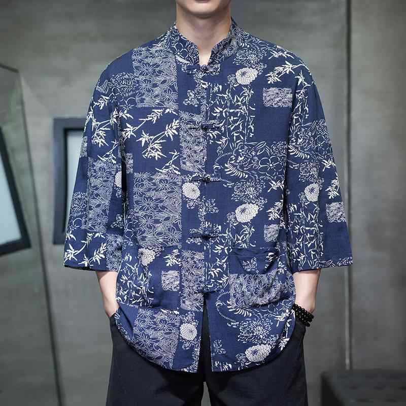 シャツ 男性用 アロハシャツ リネン カジュアルシャツ プリント柄 7分袖 チャイナ風 立襟 薄手 涼しい 快適 普段使い 春夏 トップス M L XL 2XL 3XL 4XL 5XL