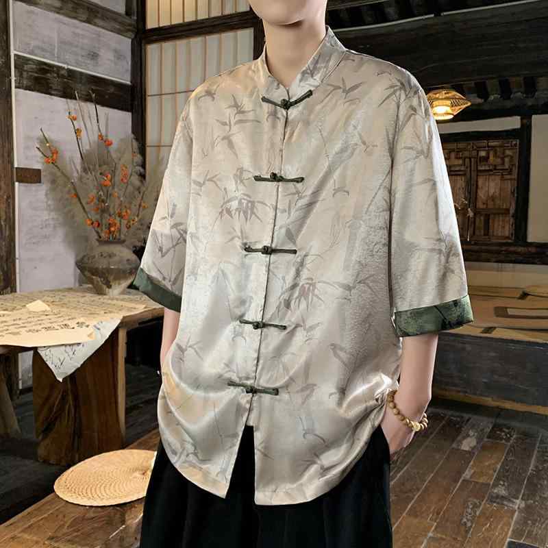 シャツ 男性用 大きいサイズ チャイナ風 接触冷感 リネン混紡 半袖シャツ レトロ ミックスカラー