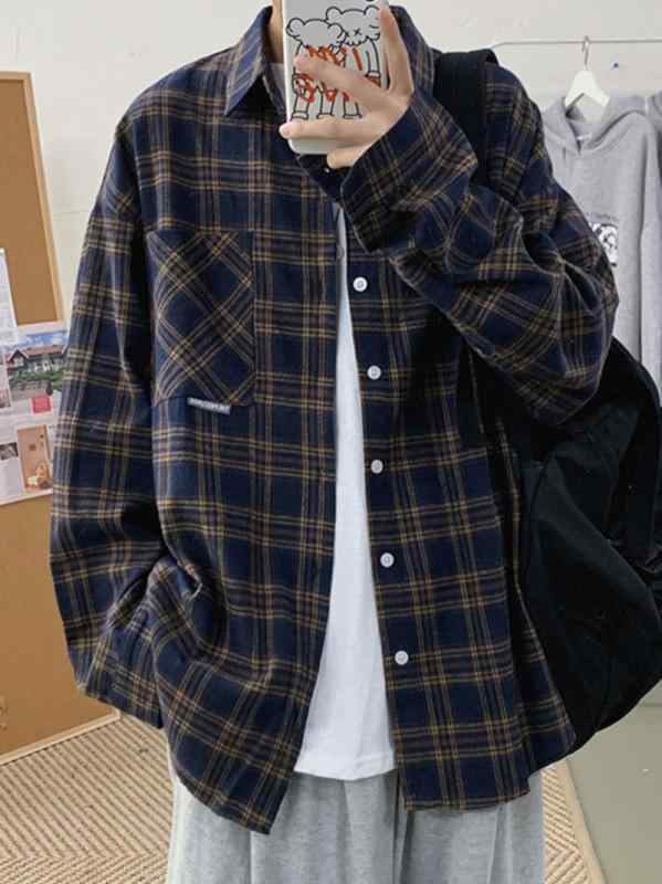シャツ メンズ 男性用 長袖 格子柄 リネン 秋物 カジュアル レトロ ゆったり 厚手 裏起毛 ブラック カーキ ネイビー