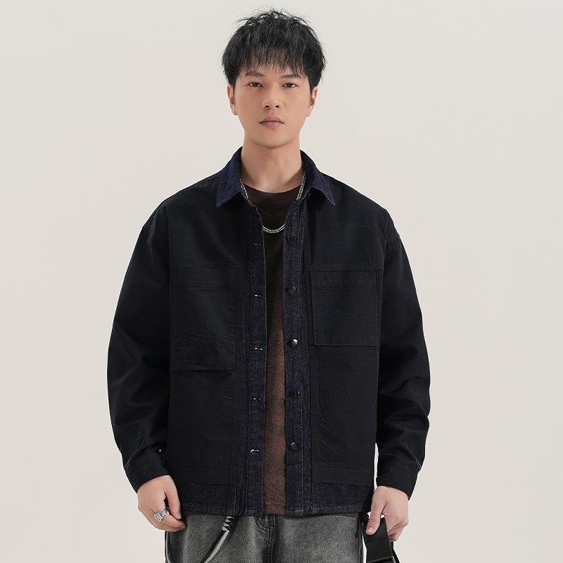シャツ 男性用 デニム 切り替え 胸ポケット 長袖 トップス ウォッシュ加工 ゆったり 普段使い ブラック カーキ オリーブ リネン