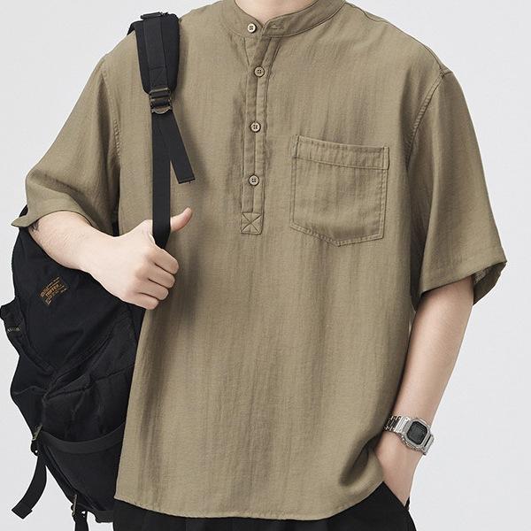 シャツ メンズ 男性用 半袖シャツ 日系 レトロ トップス カットソー 涼しい リネンシャツ 綿麻シャツ 薄手 無地 白シャツ カジュアルシャツ ルーズフィット 普段使い