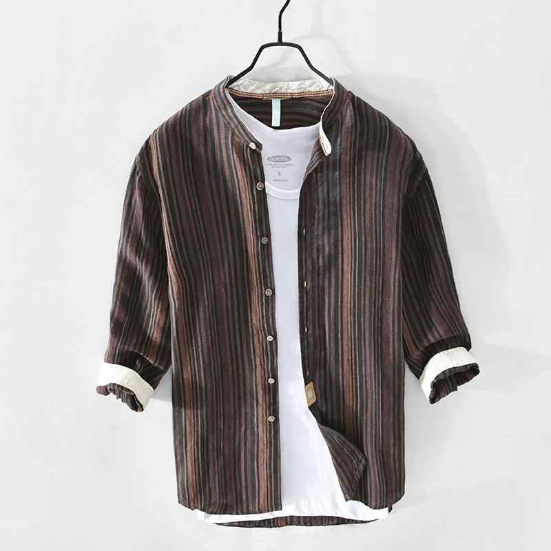 シャツ 男性用 リネン ストライプ トップス 七分袖 立ち襟 普段使い 部屋着 ブルー ピンク系 オレンジ M L XL XXL XXXL2