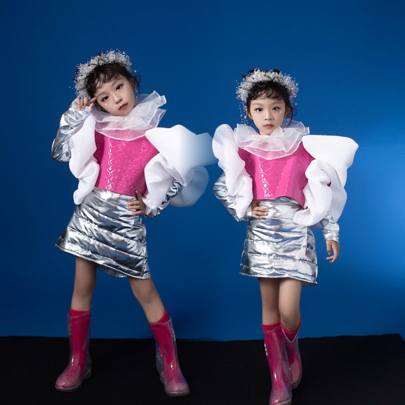 子供用 ダンス衣装 チュールスカート セットアップ 長袖 トップス スカート 付け襟 靴下 ヘアアクセサリー 110 120 130 140 150 160cm 発表会 舞台衣装 シルバー ピンク系