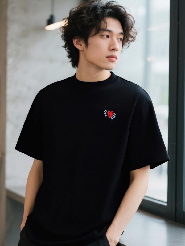 Tシャツ 男性用 ハート柄 刺繍 半袖 コットン ゆったり クルーネック トップス カットソー ブラック 紺 アイボリー