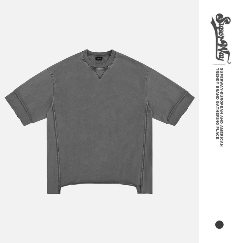 Tシャツ メンズ 男性用 ビンテージ ヴィンテージ レトロ 古着風 ウォッシュ加工 不規則 ラウンドヘム 半袖 カットソー ドロップショルダー 綿100% コットン ゆったり リラックス 普段使い 部屋着 春夏 グレー