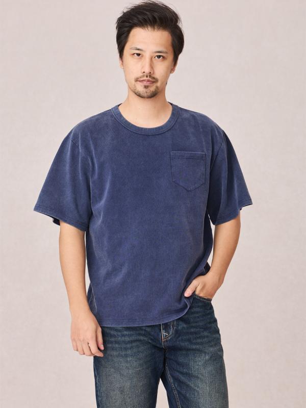 Tシャツ 男性用 半袖 アメカジ風 ポケット付き 無地 厚手 コットン ウォッシュ加工 セメントグレー インディゴブルー カーキ色 カーキ S M L XL 2XL 3XL 耐摩耗 高色落ち防止