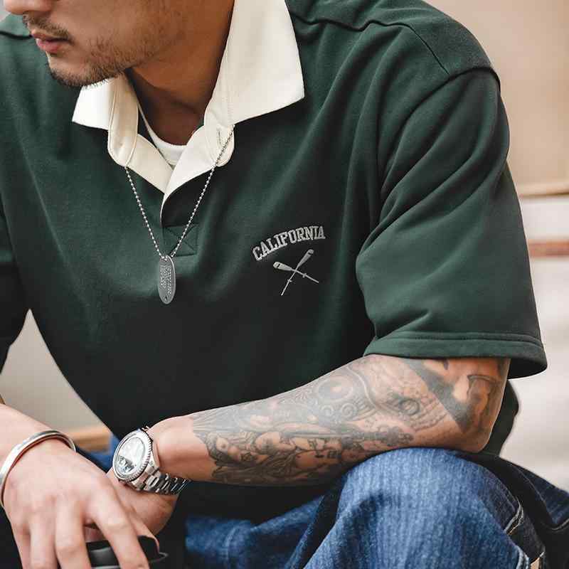 Tシャツ 男性用 アメカジ レトロ 配色 半袖 ポロシャツ 刺繍 コットン 襟付き トップス 普段使い 深緑