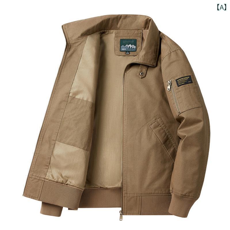 ジャケット 男性用 綿 襟付き 裏起毛 厚手 防風 防寒 多ポケット ビジネス カジュアル カーキ色 軍緑色 黒色 M L XL 2XL 3XL 4XL 5XL 秋冬