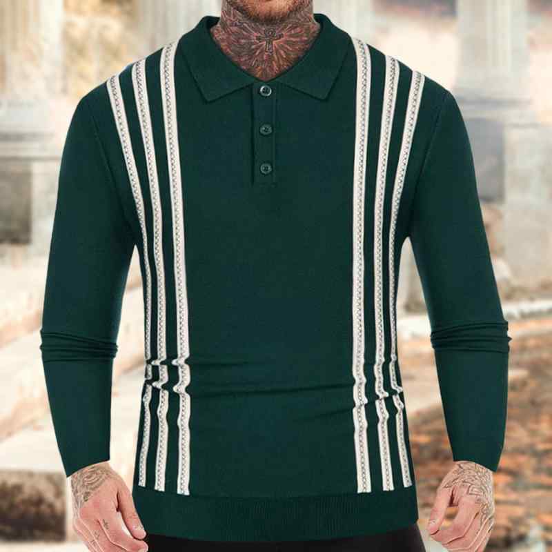 ニットポロシャツ 男性用 長袖 薄手 ストライプ柄 紳士服 ビジネスカジュアル 普段使い グリーン ブラック