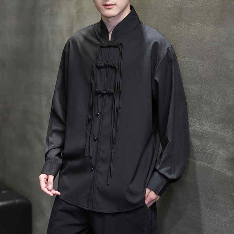 シャツ 男性用 チャイナ風 秋冬 立襟 長袖 ゆったり トップス アクリル混紡 ブラック 無地