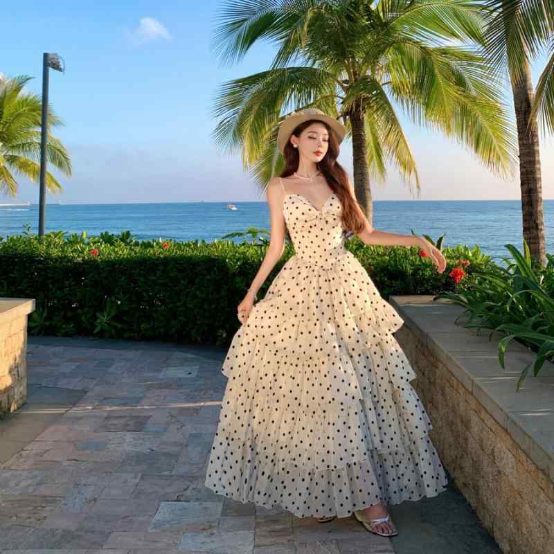ワンピース レディース 春夏 ボヘミアン ビーチ リゾート ロングワンピース 吊りスカート ドット柄 Vネック Aライン フレアスカート ハイウエスト ゆったり 体系カバー 裏地付き シフォン ポリエステル おしゃれ かわいい きれいめ 上品 エレガント2