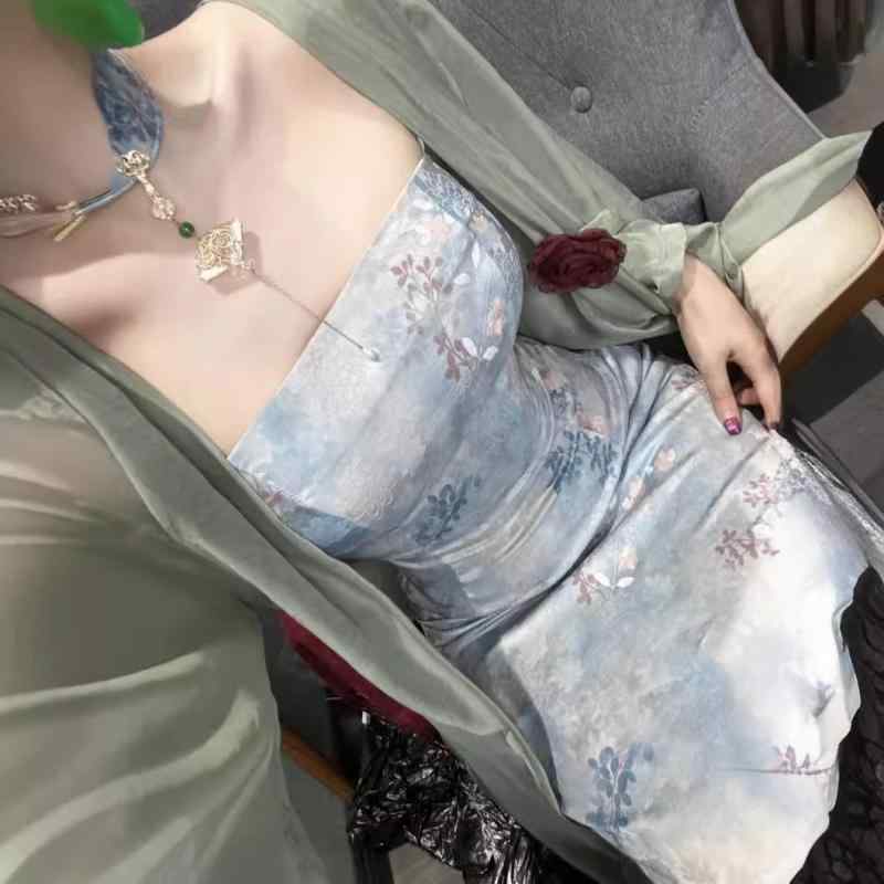 ワンピース レディース チャイナドレス風 ロング丈 ノースリーブ 粘・屬?? ブルー XS S M L 文芸復古 中国風 藍木?吊?2