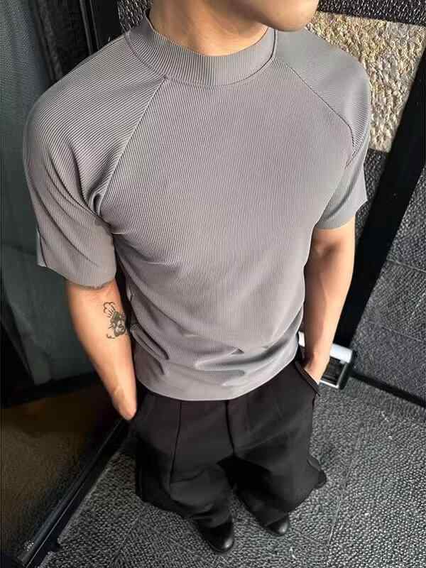 Tシャツ メンズ 男性用 半袖 美式トップス ハーフハイネック スリムフィット トレーニング スポーツウェア ポリエステル 無地 ブラック ホワイト グレー
