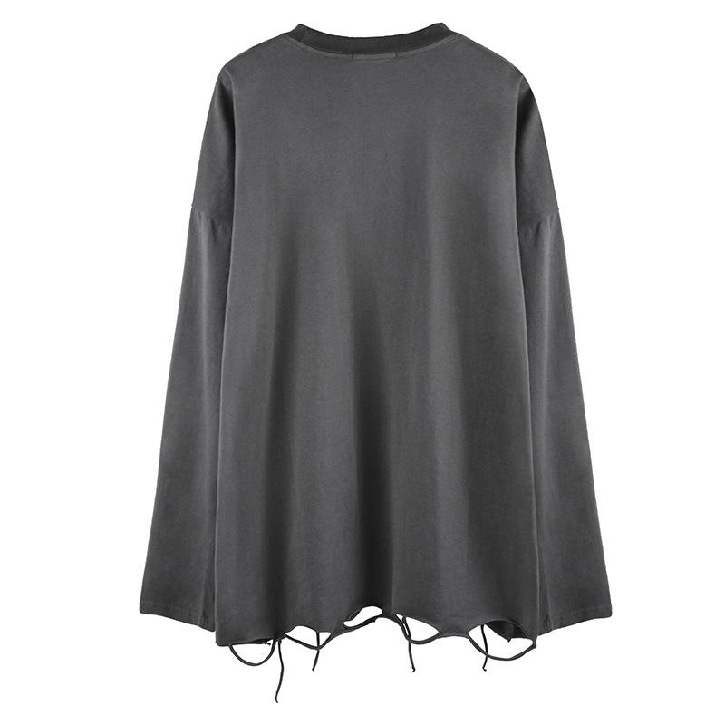 Tシャツ 男性用 長袖 トップス ダメージ加工 カットソー コットン100% ストリート カジュアル 白 黒 灰色