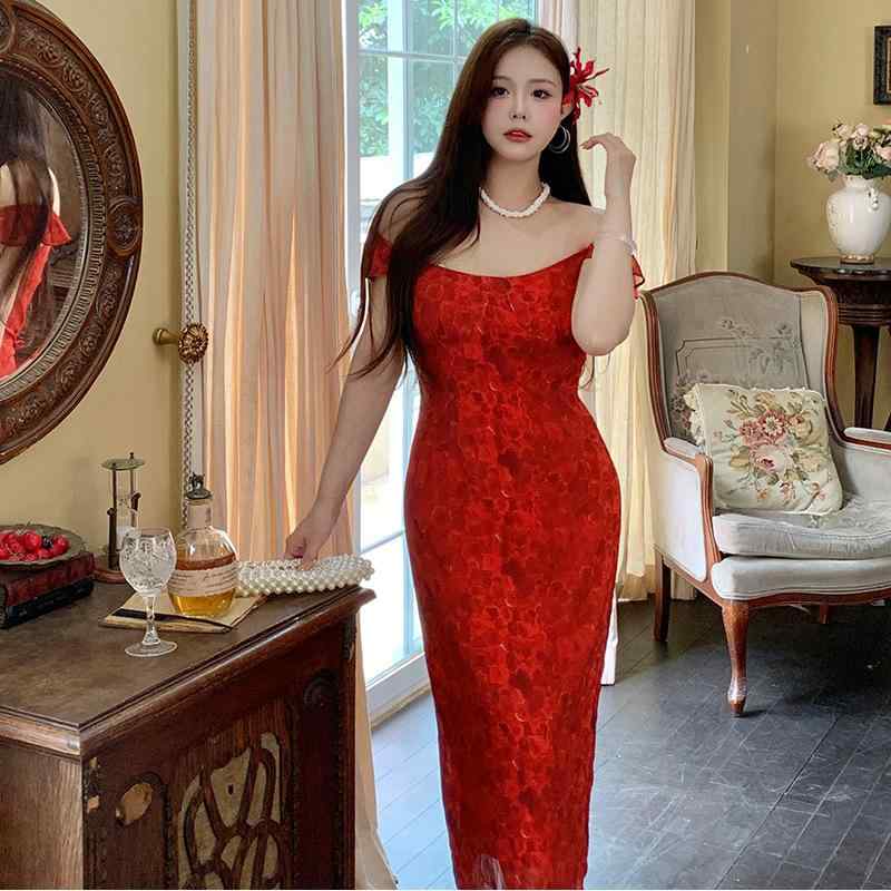 ワンピース レディース 大きいサイズ 結婚式 二次会 パーティー ドレス フレンチレトロ Uネック ノースリーブ 包臀 ロング丈 チュール ポリエステル 花柄 赤 レッド XL 2XL 3XL 4XL 5XL 5,360円