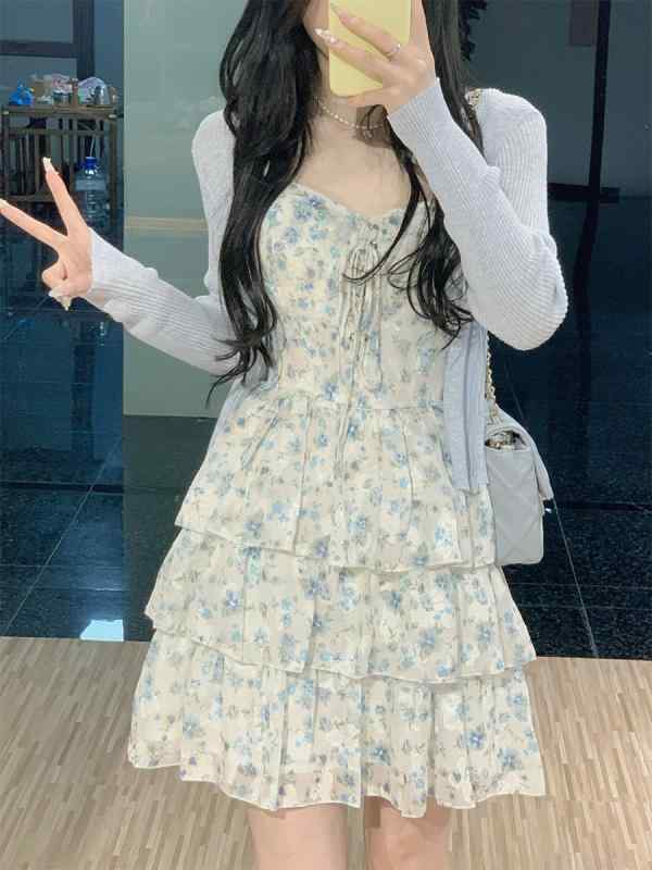 ワンピース レディース 春夏 Vネック ノースリーブ ティアード 膝丈 ポリエステル 涼しい かわいい ブルー 花柄 普段使い リゾート