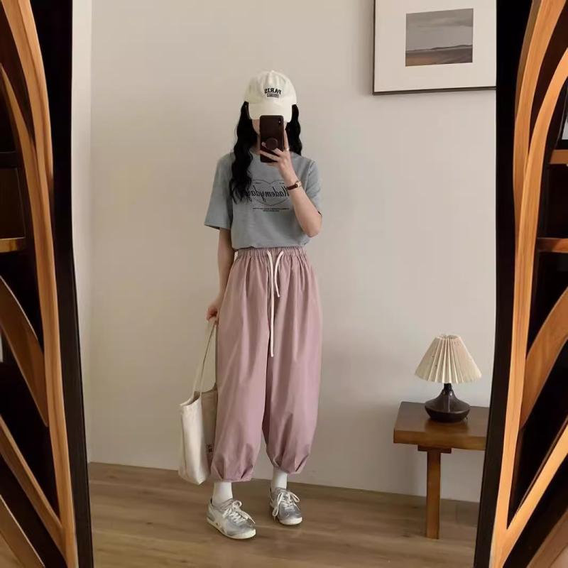 パンツ レディース テーパードパンツ ハーレムパンツ 綿 ゆったり カジュアル ミドル丈 日韓風 薄手 ウエストゴム ベージュ系 グリーン系 ピンク系2