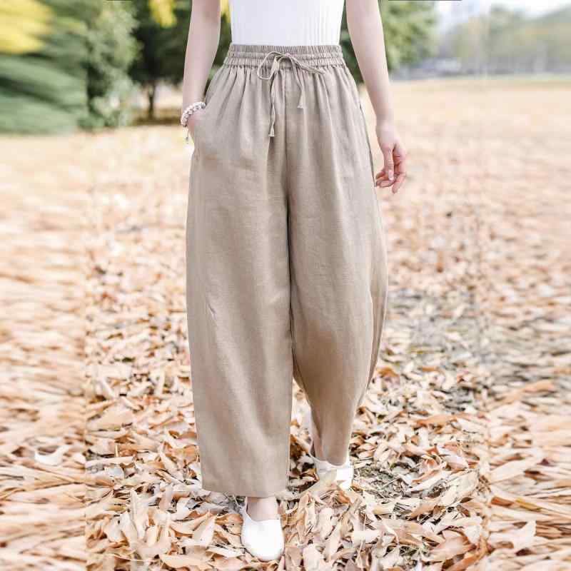 パンツ レディース リネン テーパードパンツ 春夏 快適 伸縮性 ウエストゴム ポケット付き 無地 ゆったり カジュアル カーキ ピンク系 グリーン ホワイト ブラック ベージュ コーヒー色2