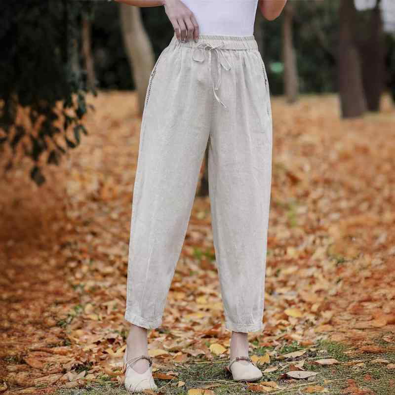 パンツ レディース 春 リネン 9分丈 テーパードパンツ ゴムウエスト 絞り紐 文芸風 麻 小さいサイズ ゆったり 白色 カーキ色 緑色 黒色 ウォッシュ加工2