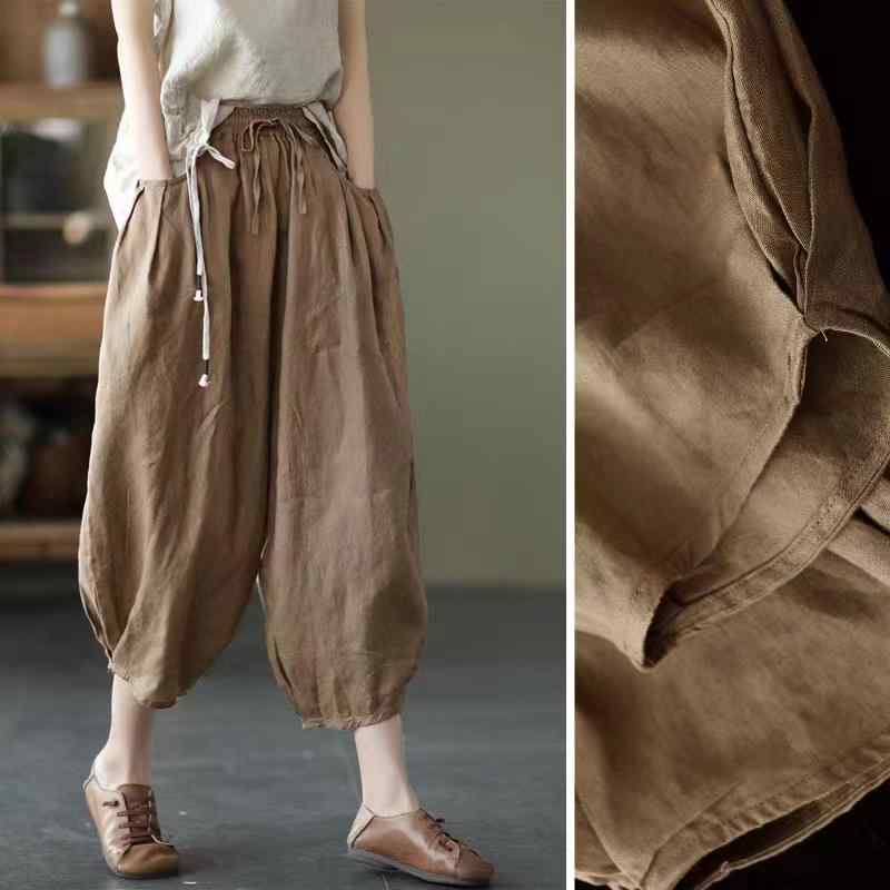 パンツ レディース 麻 リネンパンツ ハーレムパンツ サルエルパンツ ワイドレッグパンツ イージーパンツ リラックスパンツ 7分丈 無地 ゆったり 文芸風 レトロ 春夏 白 黒 黄色 赤 ブルー ブラウン パープル2
