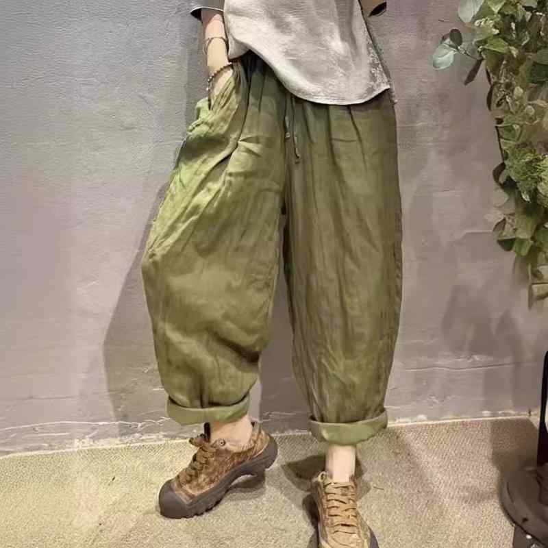 パンツ レディース ルーズフィット テーパード ?麻 リネン イージーパンツ ウエストゴム 文芸風 レトロ 薄手 ズボン 緑色 ・摩?色 コーヒー色 ピンク ブラック2