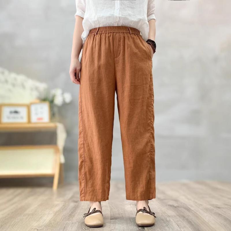 パンツ レディース リネンパンツ 麻 ワイドパンツ ゆったり 9分丈 カジュアル 文芸風 レトロ カキー グレー ブラウン オレンジ ホワイト ネイビー ブラック2