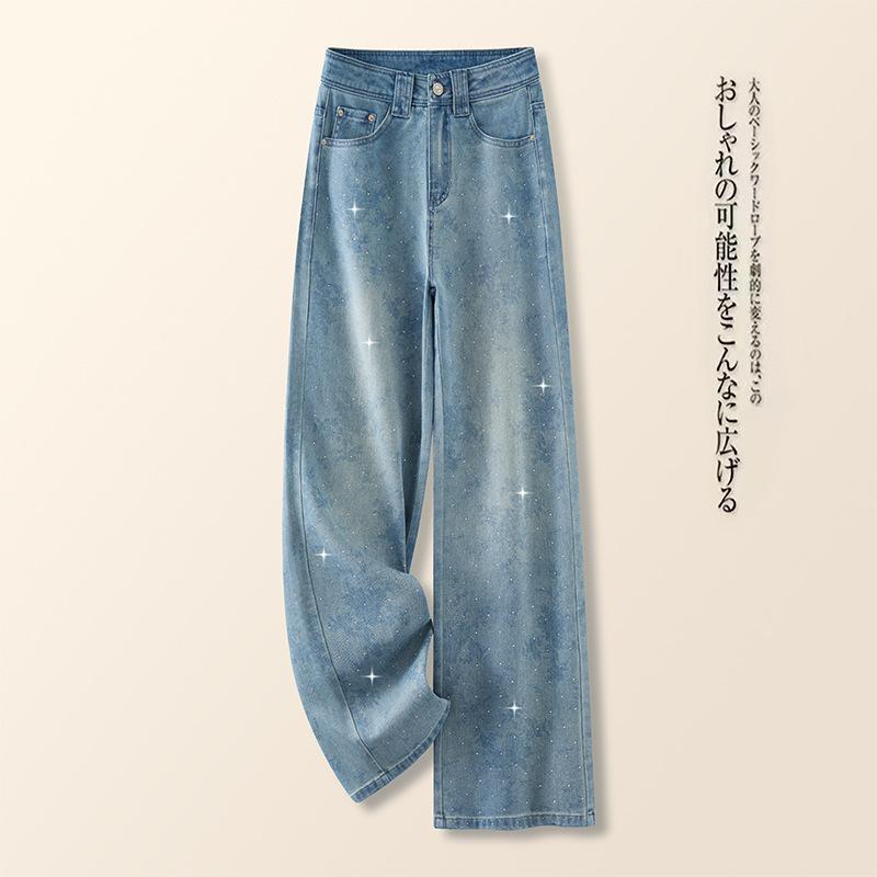 デニム レディース 高身長 ジーンズ パンツ 春夏 ハイウエスト 裾スリット ワイド ストレート ゆったり 体型カバー 美脚 脚長 ブルー デニムパンツ Gパン ジーパン