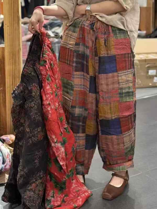 パンツ レディース 春夏 ?麻 リネン ワイド テーパードパンツ イージーパンツ 裏地付き ゆったり 文芸風 レトロ 柄2
