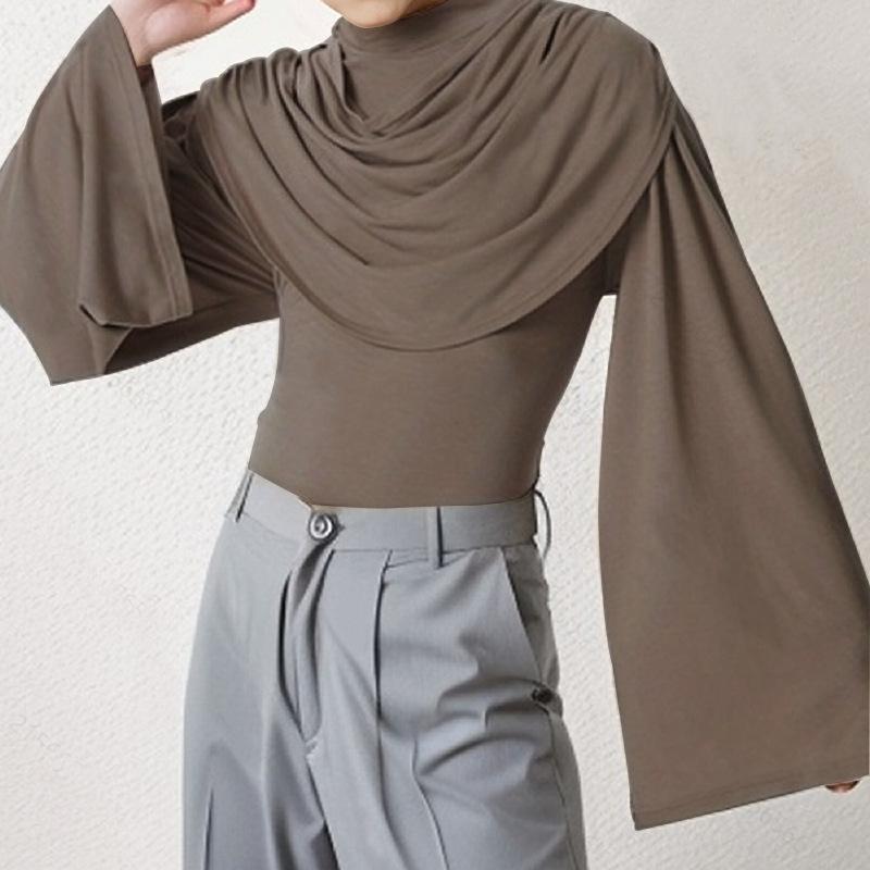 Tシャツ メンズ 男性用 トップス カットソー 高機能 伸縮性 高 elastic 高襟 ハイネック モックネック 秋冬 ブラウン ブラック2