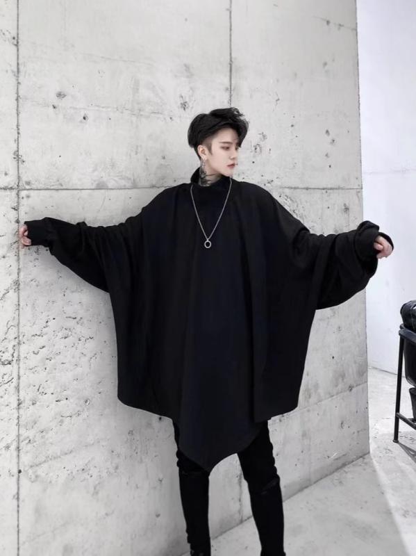 Tシャツ 男性用 高襟 トップス 黒色 ビッグシルエット 長袖 カットソー ゆったり 伸縮性 秋冬2