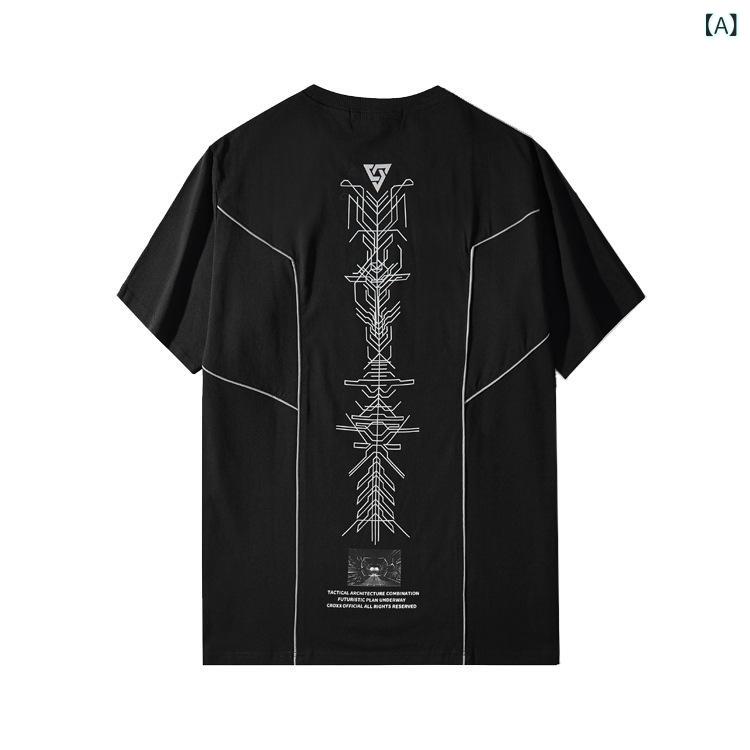 Tシャツ 男性用 半袖 コットン ストリート 接触冷感 吸湿速乾 反射プリント 切り替え ドロップショルダー 黒 白 春夏2