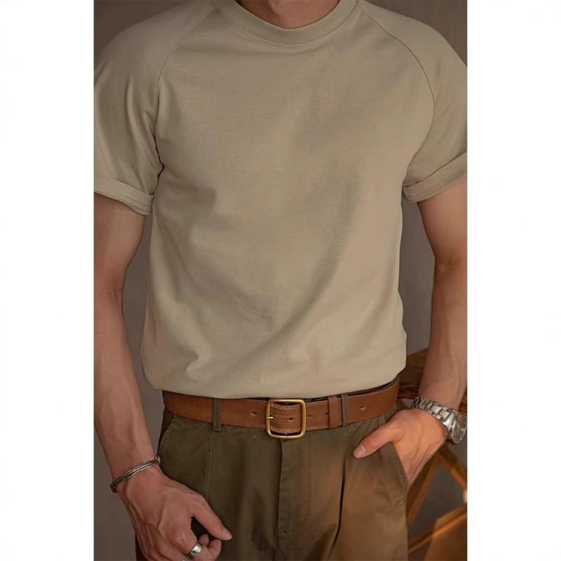 Tシャツ 男性用 コットン トップス 半袖 カットソー インナー 親水加工 無地 スリムフィット 部屋着 普段使い 春夏 米杏色 ホワイト カーボンブラック