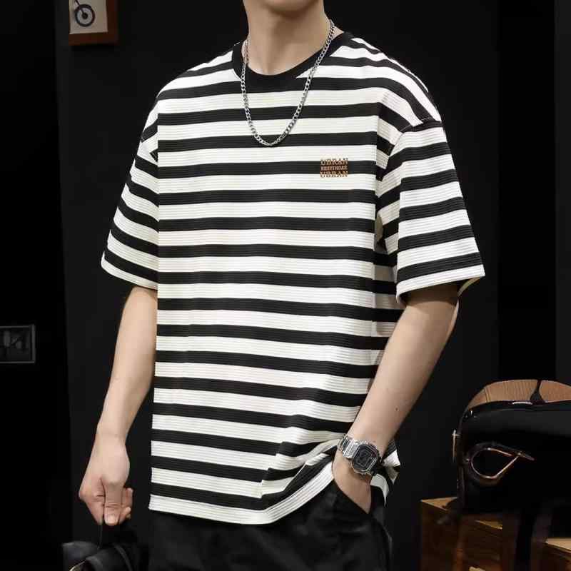 Tシャツ メンズ 男性用 半袖 ストライプ柄 カットソー ゆったりサイズ ラウンドネック トップス リラックス 普段使い 部屋着 ブラック ホワイト ブルーグリーン ブラウンパープル 通気性