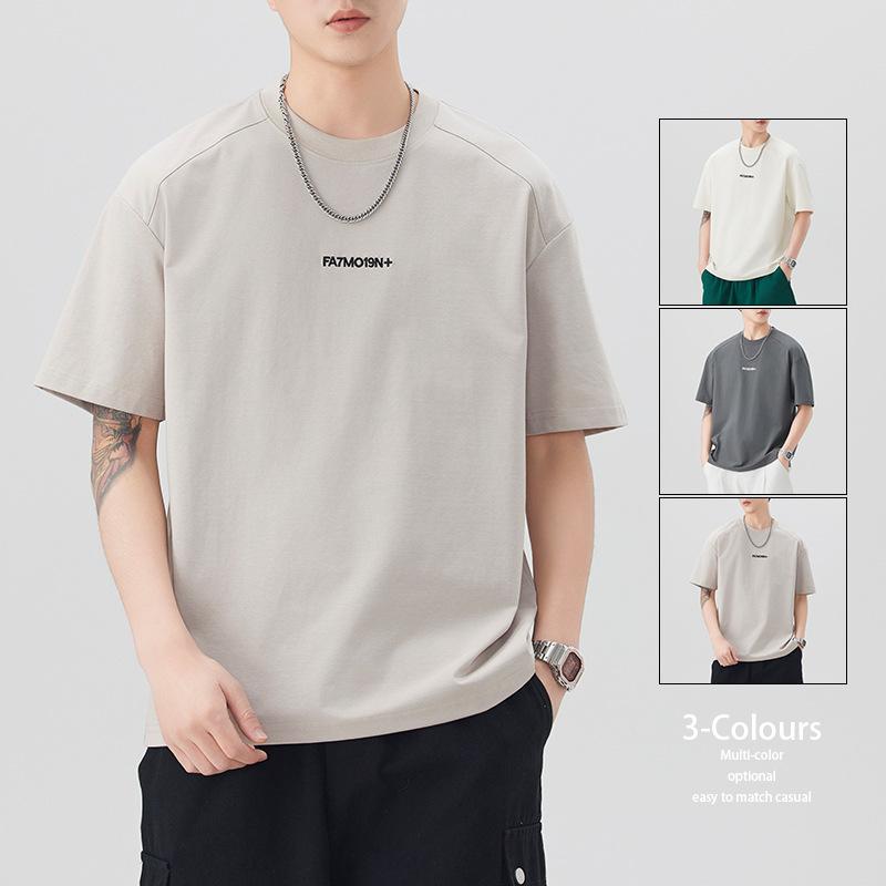 Tシャツ 男性用 ビッグシルエット コットン 洗い加工 ロゴ プリント クルーネック ドロップショルダー 半袖 カットソー ストリート 普段使い カジュアル 春夏