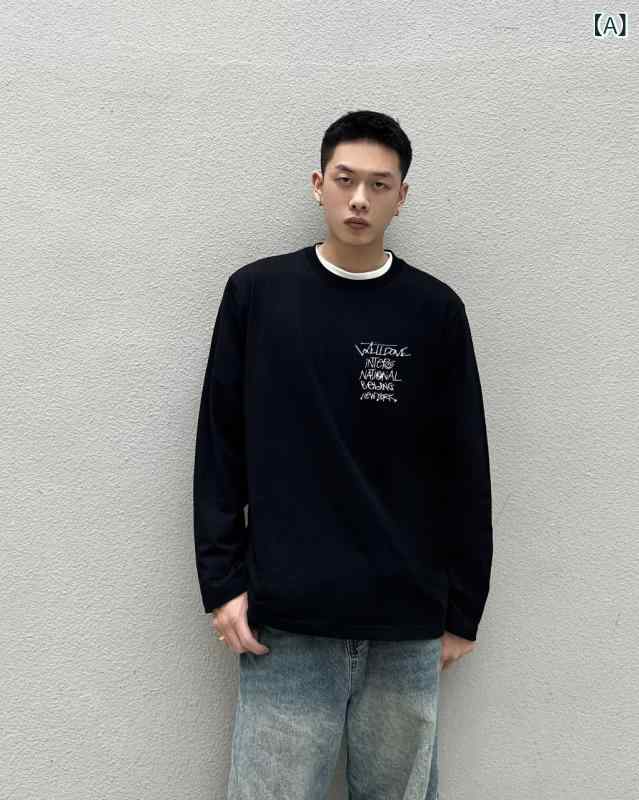 Tシャツ メンズ ストリートファッション トップス 長袖Tシャツ カットソー 丸首 コットン ルーズフィット 幾何学模様 プリント 春秋 黒 白