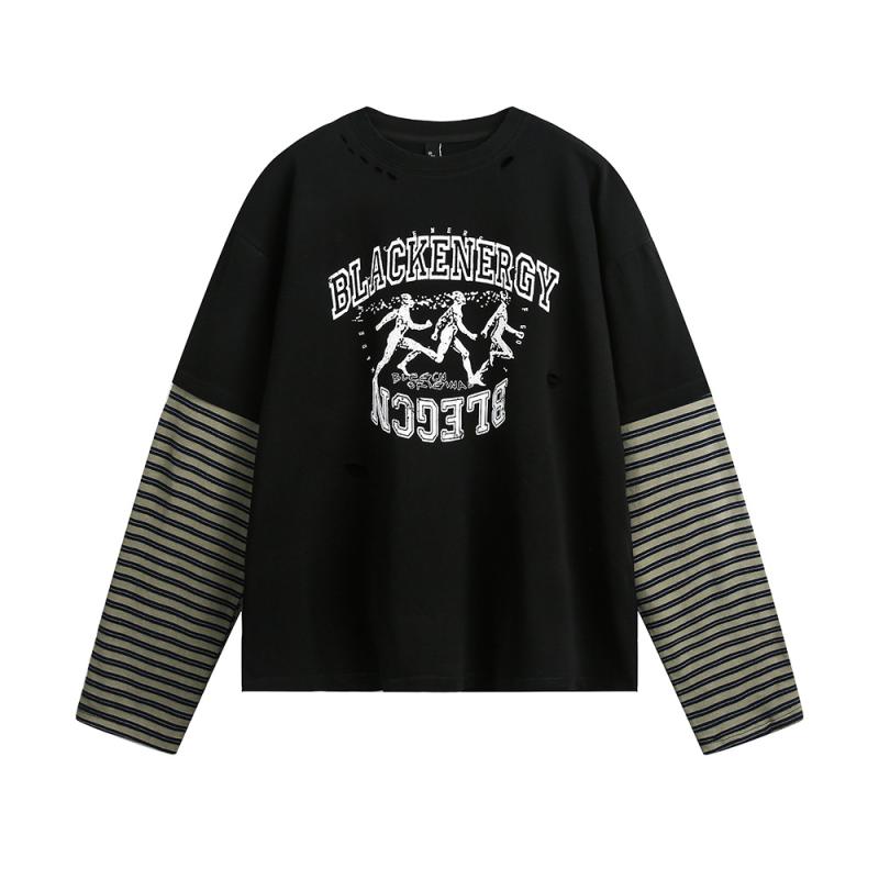 Tシャツ 男性用 ストリート 切り替え プリント 長袖 コットン トップス リラックスフィット カジュアル2