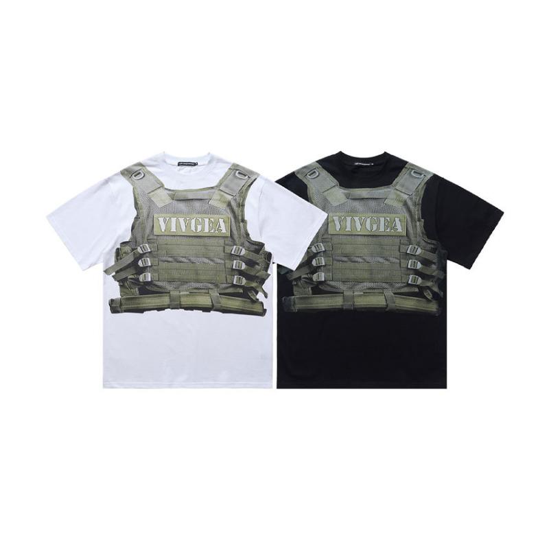 Tシャツ 男性用 ストリート プリント コットン 半袖 トップス 防弾ベスト風 カットソー