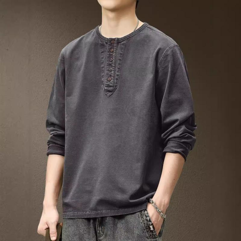 Tシャツ 男性用 コットン レトロ 長袖 ヘンリーネック 無地 ルーズ ビッグシルエット 耐摩耗 トップス 普段使い デイリー ウェア 炭灰 モカブラウン